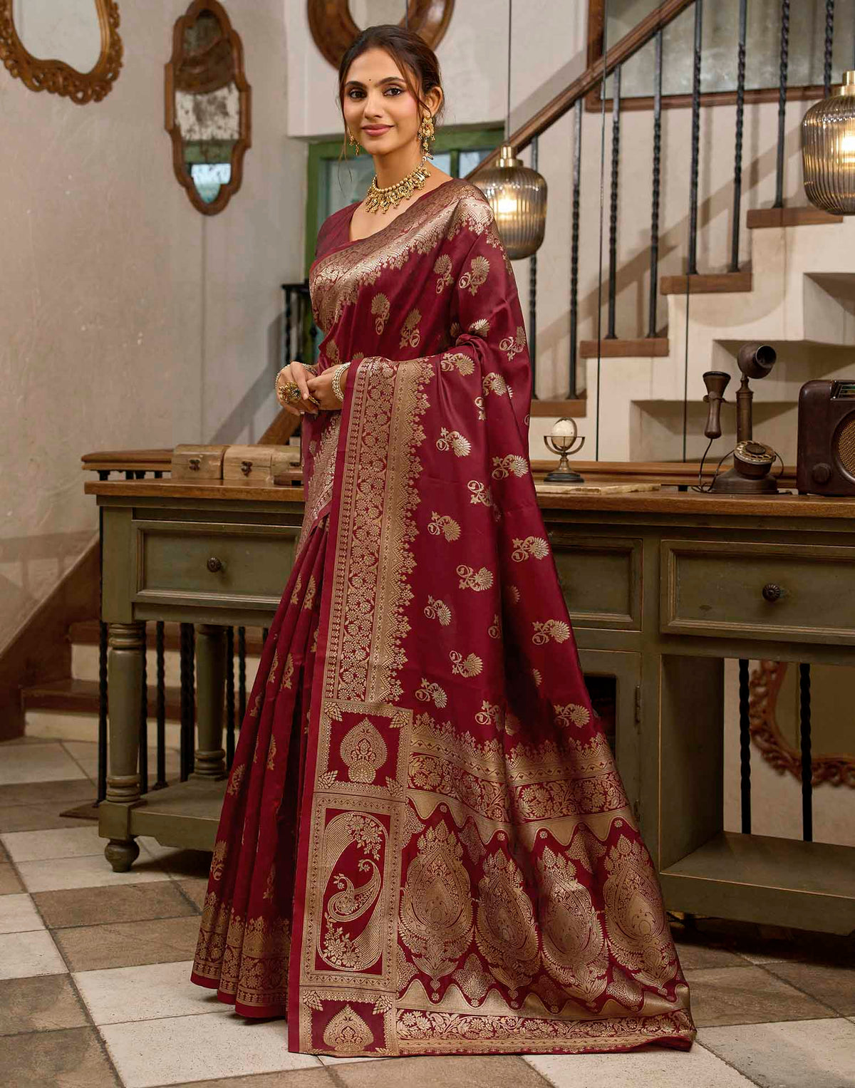Maroon Silk Woven Banarasi Saree