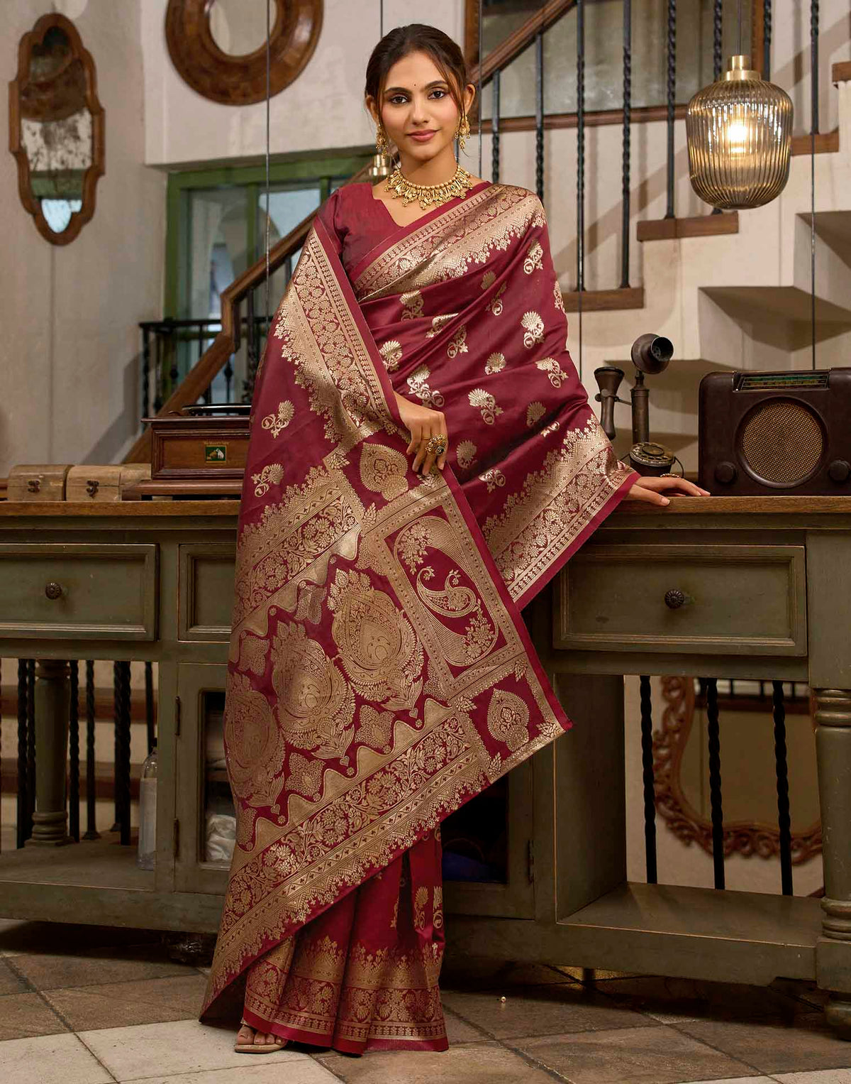 Maroon Silk Woven Banarasi Saree