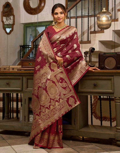 Maroon Silk Woven Banarasi Saree