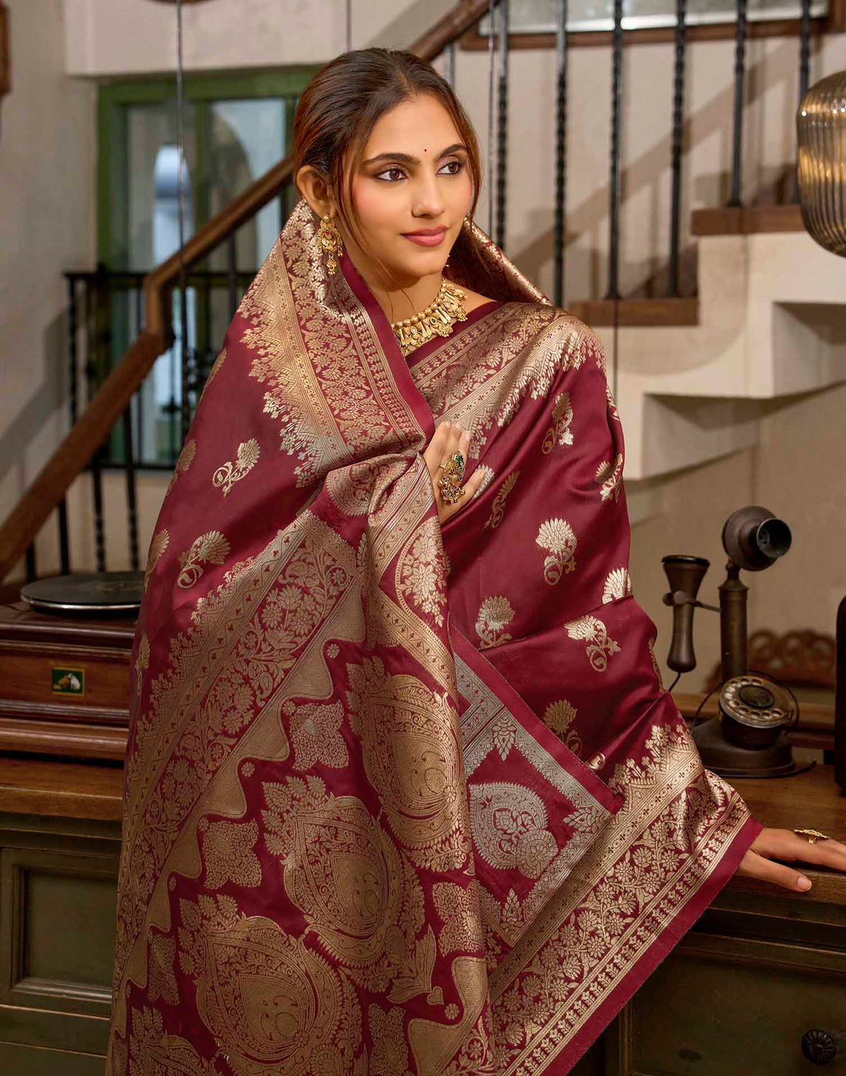 Maroon Silk Woven Banarasi Saree