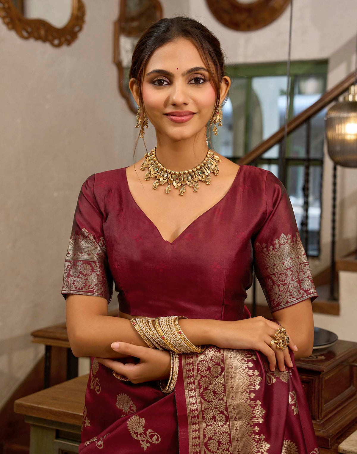 Maroon Silk Woven Banarasi Saree