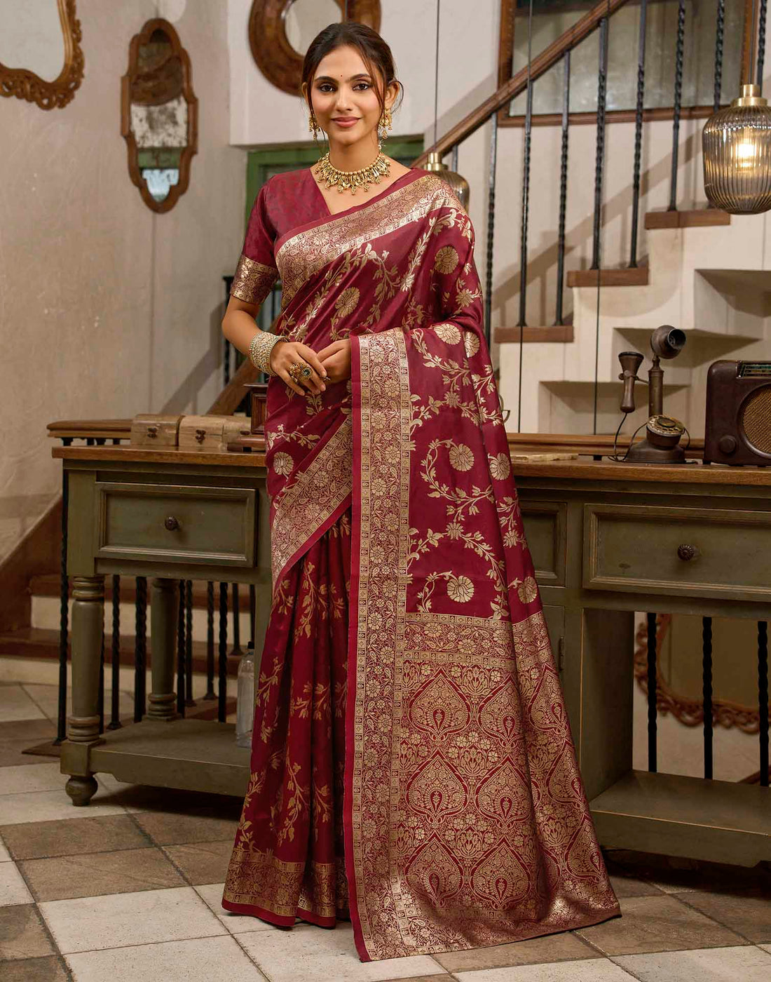 Maroon Silk Woven Banarasi Saree