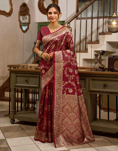 Maroon Silk Woven Banarasi Saree