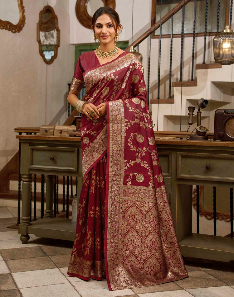 Maroon Silk Woven Banarasi Saree