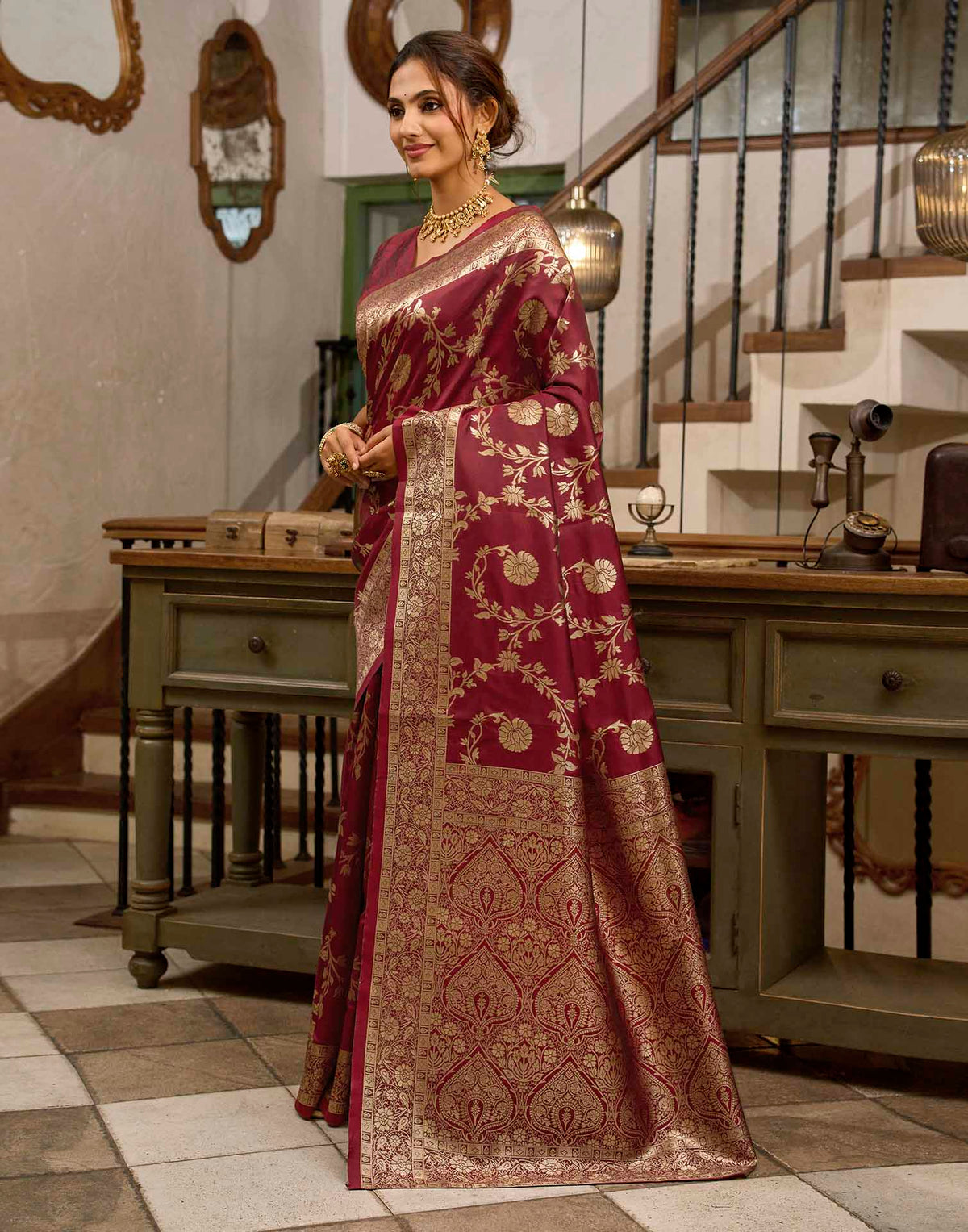 Maroon Silk Woven Banarasi Saree