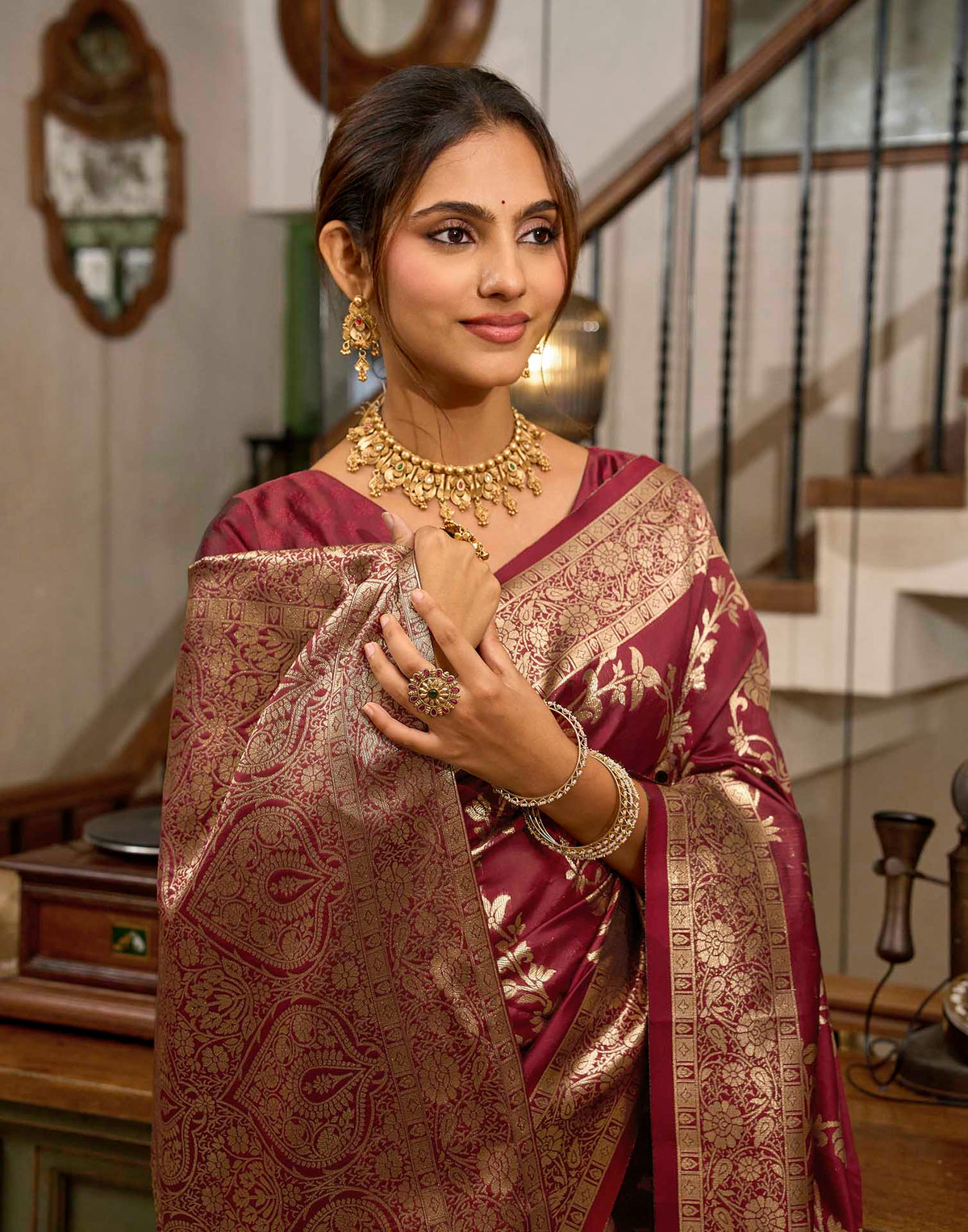 Maroon Silk Woven Banarasi Saree
