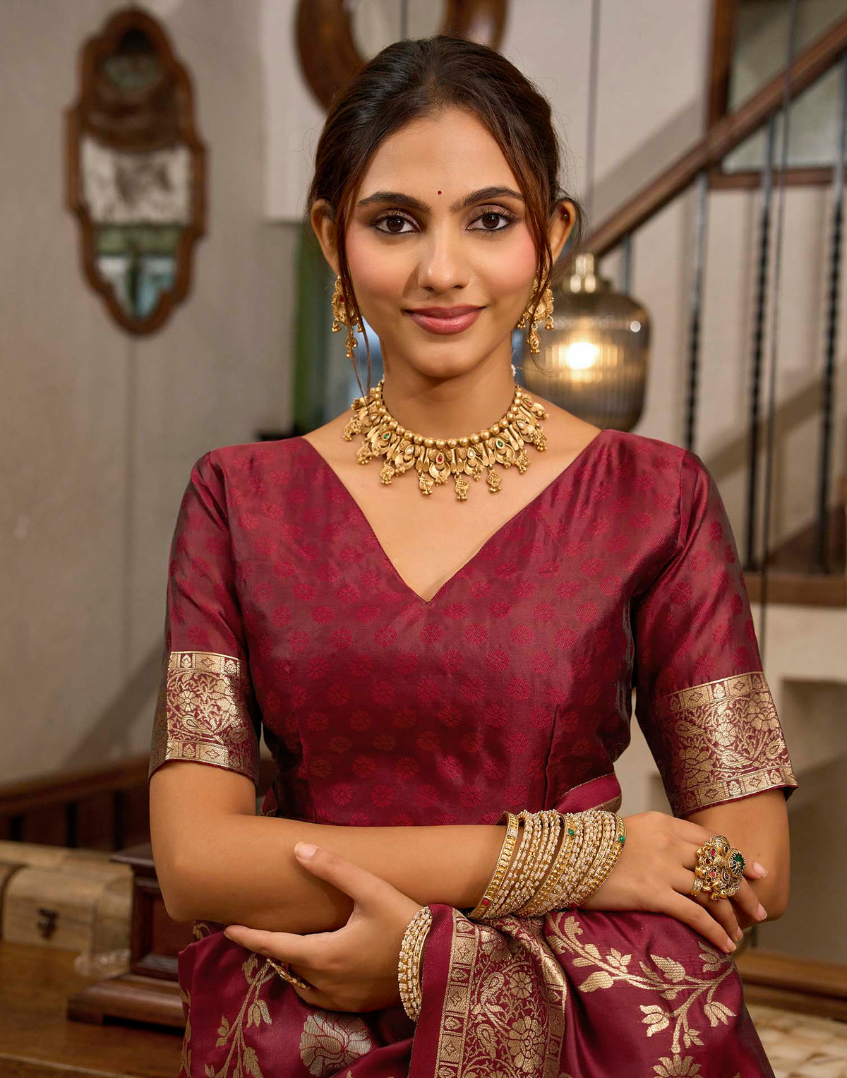 Maroon Silk Woven Banarasi Saree