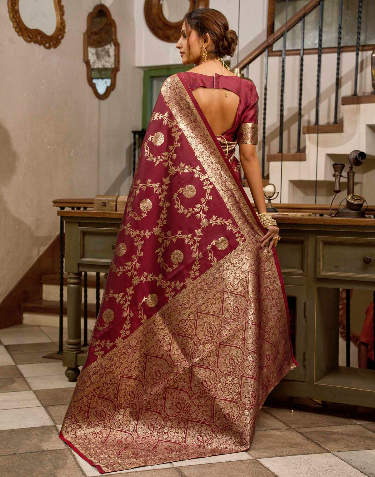 Maroon Silk Woven Banarasi Saree