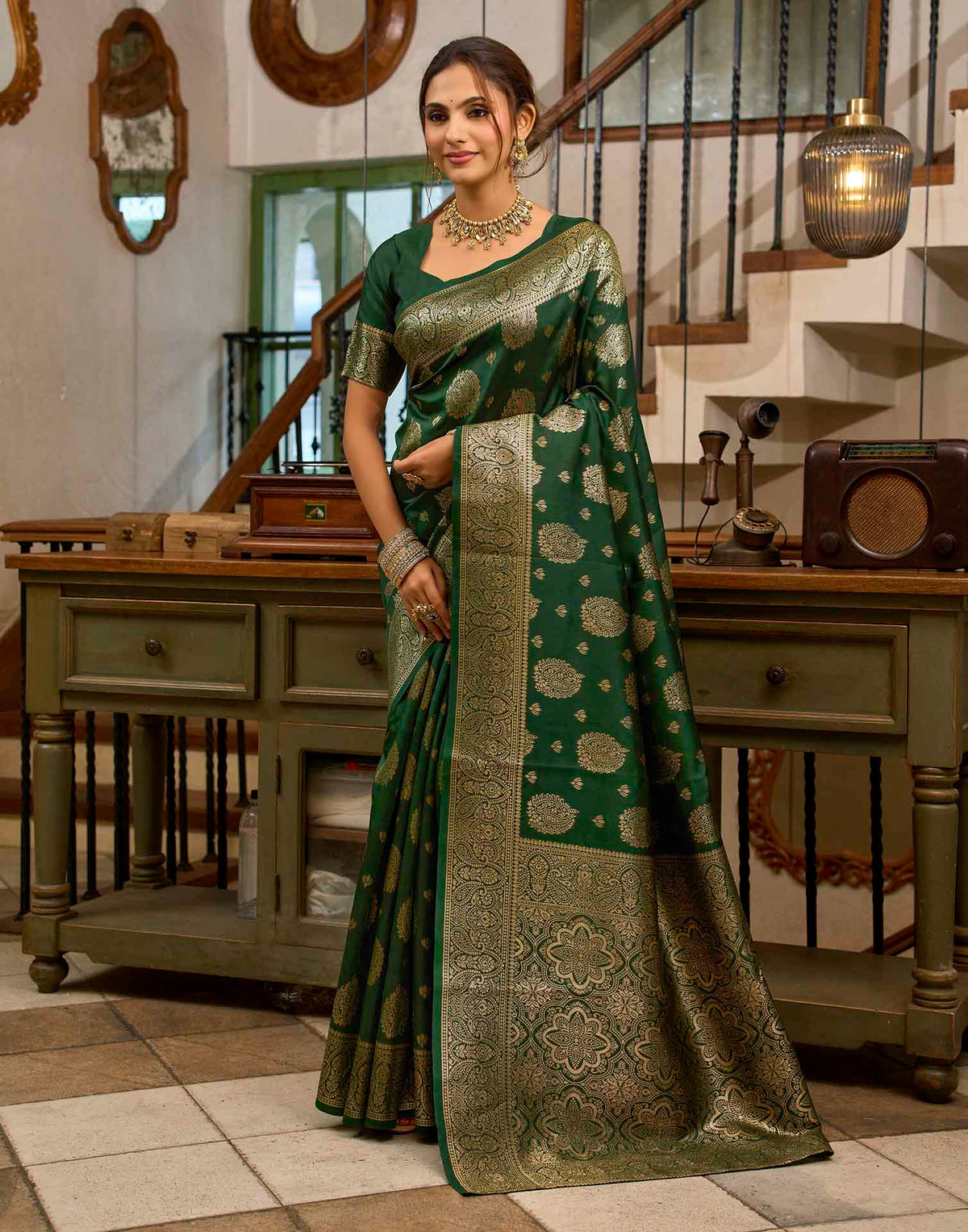 Dark Green Silk Woven Banarasi Saree