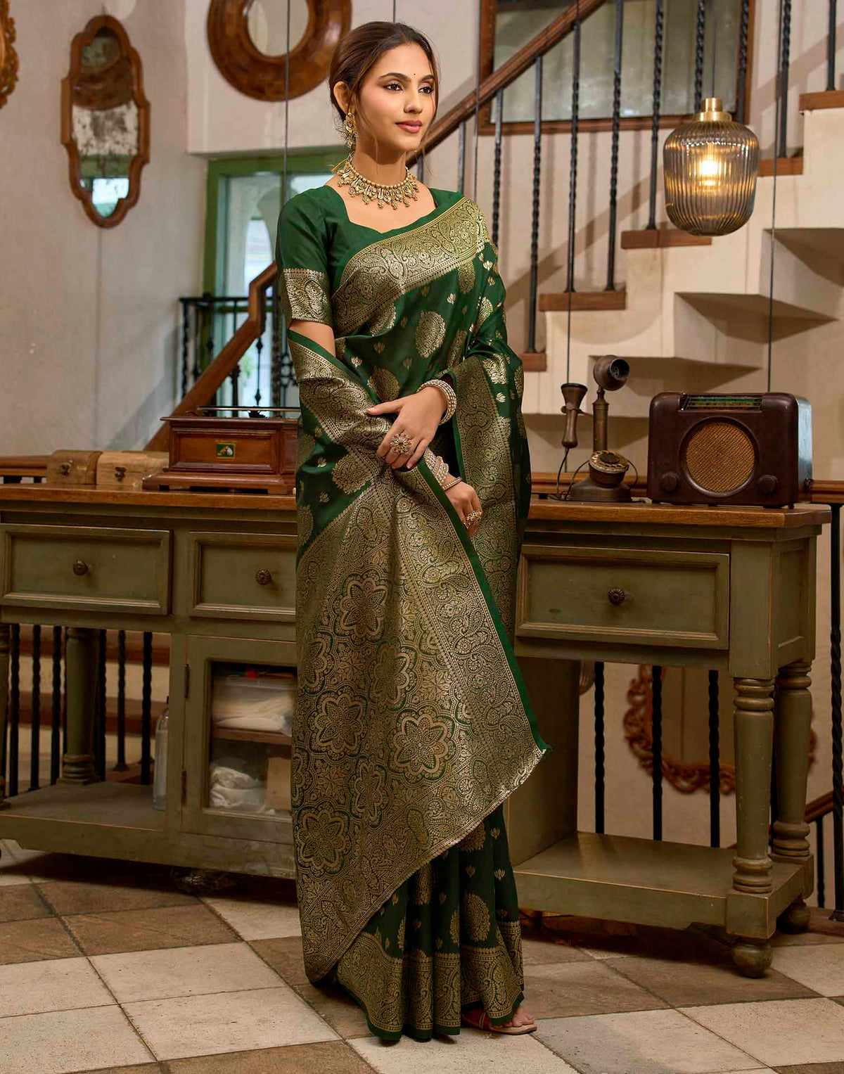 Dark Green Silk Woven Banarasi Saree