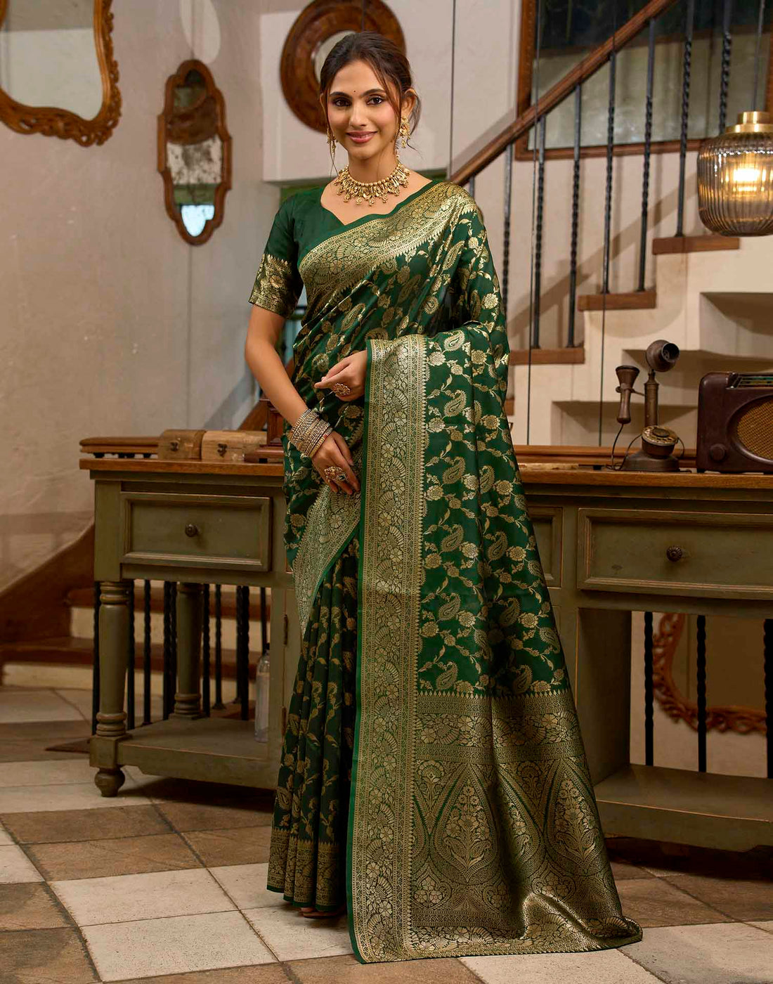 Dark Green Silk Woven Banarasi Saree