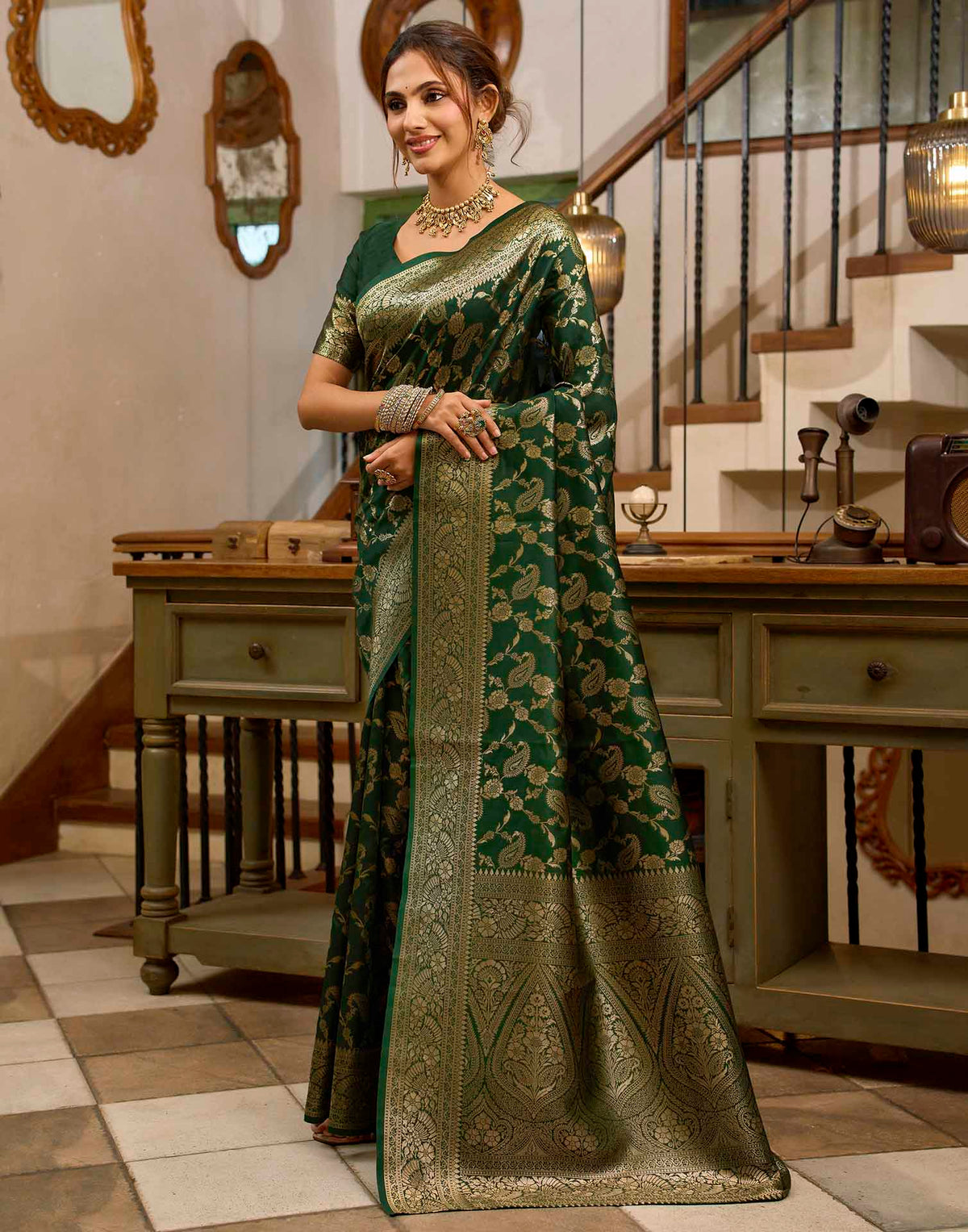 Dark Green Silk Woven Banarasi Saree