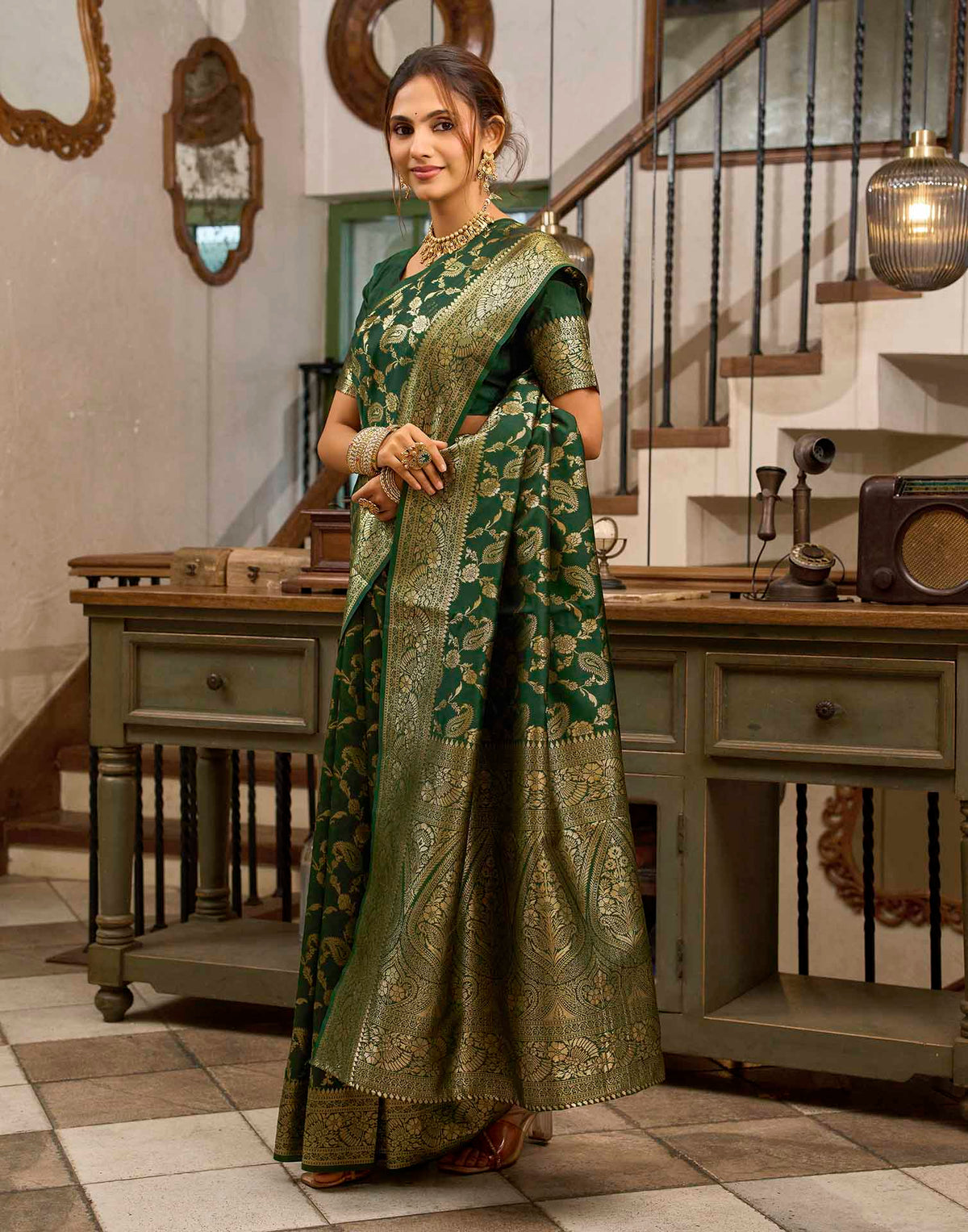 Dark Green Silk Woven Banarasi Saree