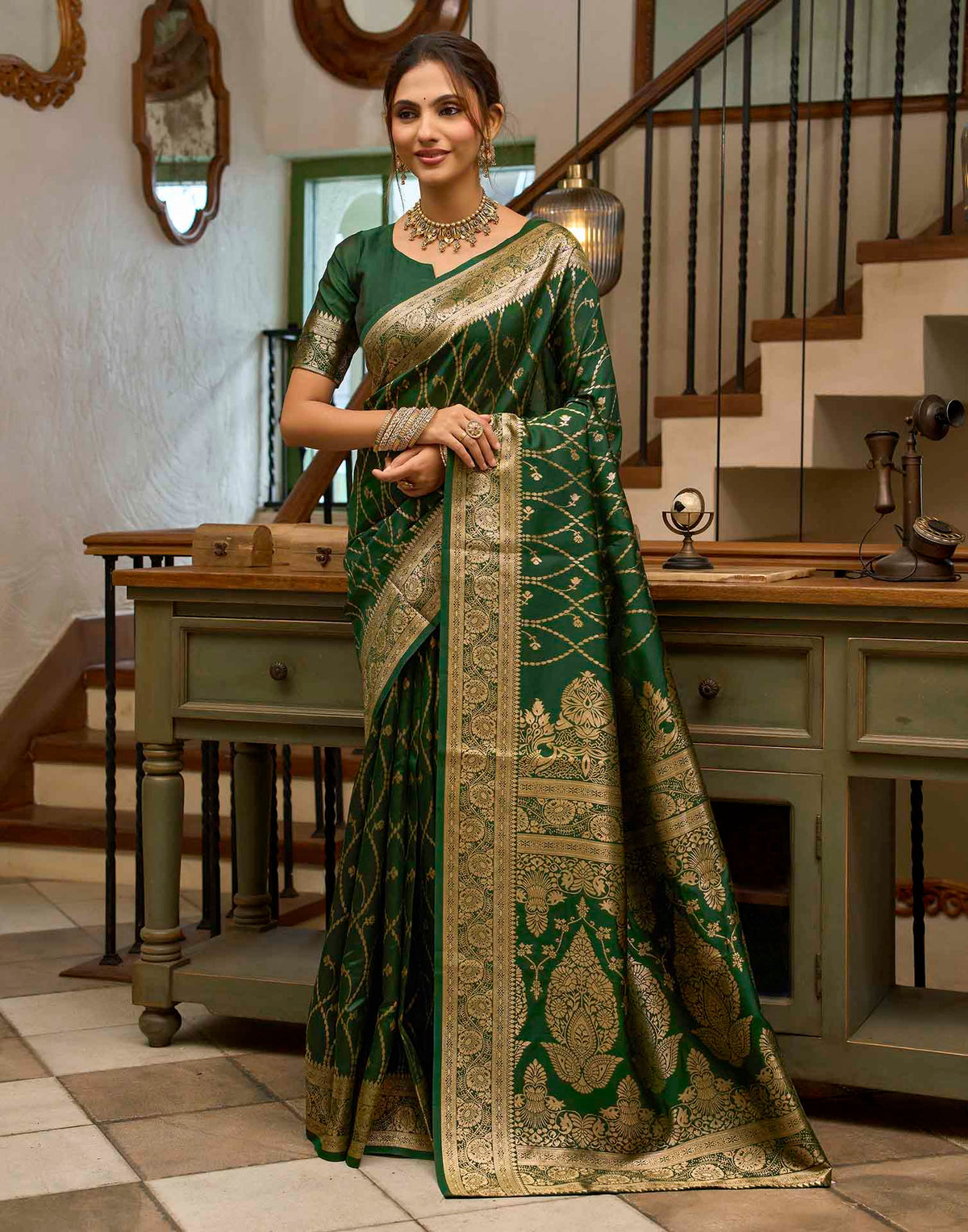 Dark Green Silk Woven Banarasi Saree