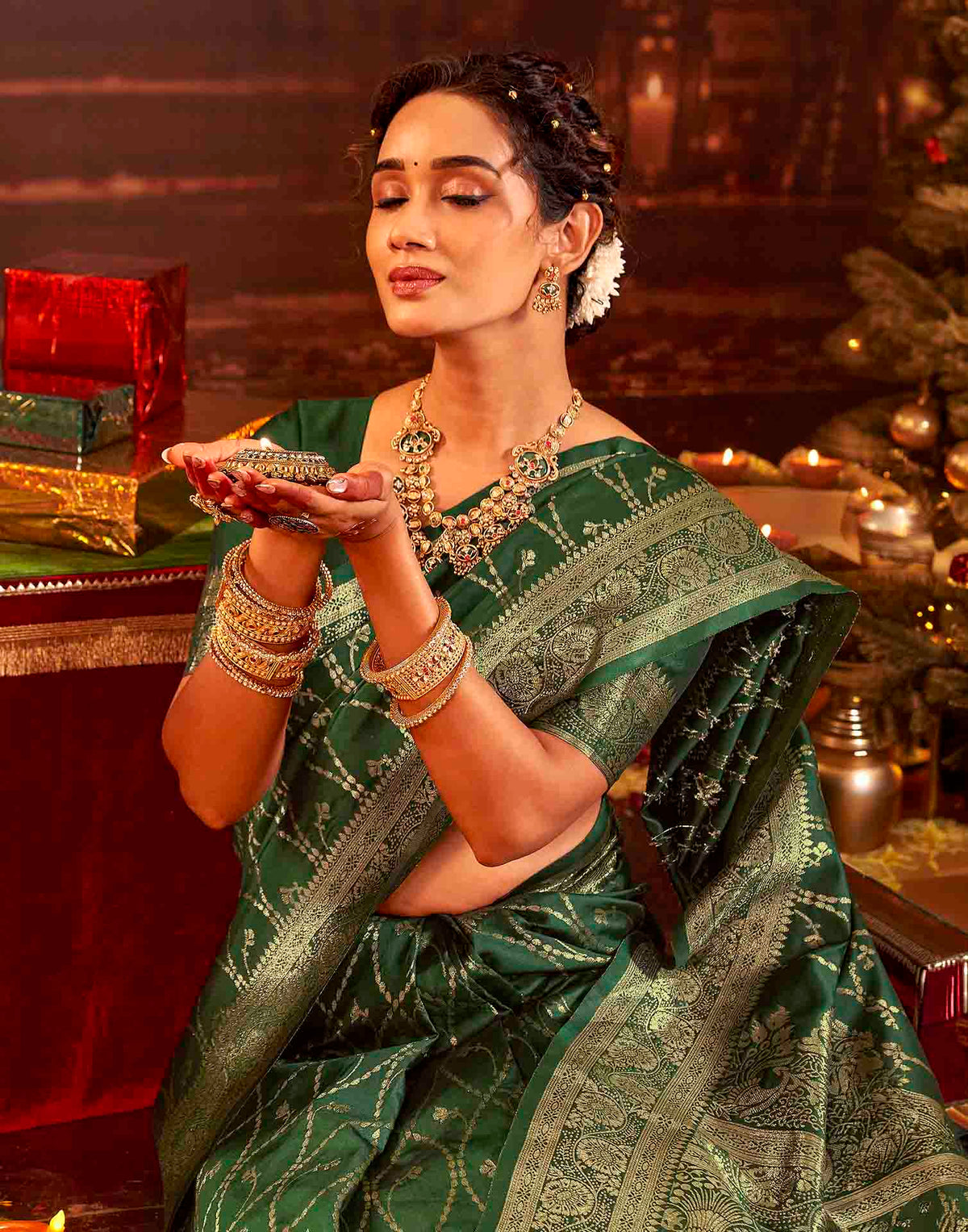 Dark Green Silk Woven Banarasi Saree