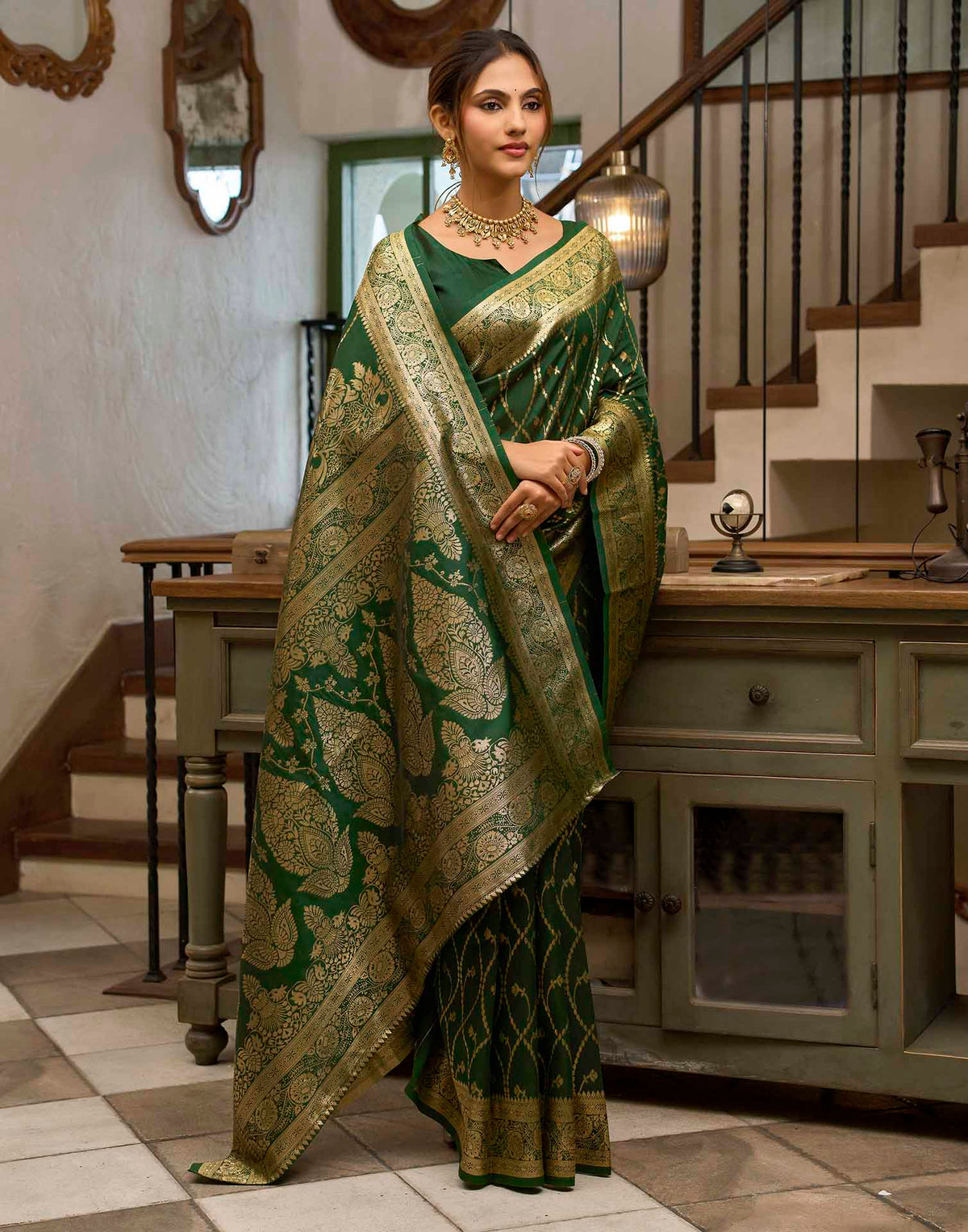 Dark Green Silk Woven Banarasi Saree