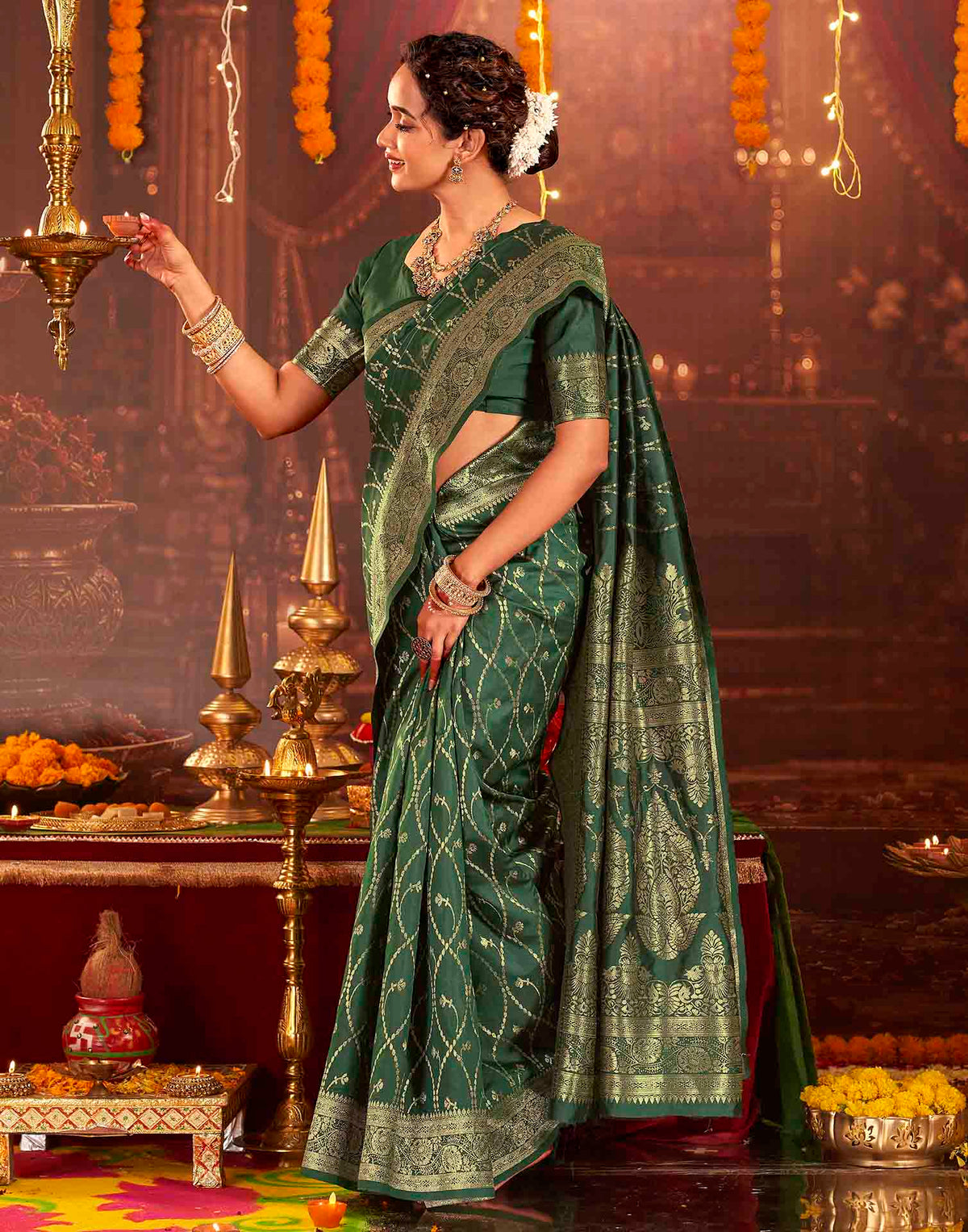 Dark Green Silk Woven Banarasi Saree