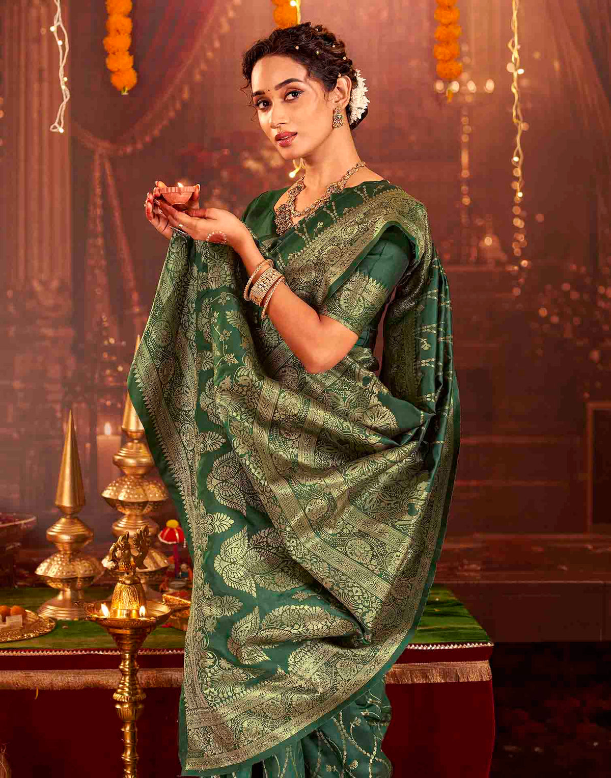 Dark Green Silk Woven Banarasi Saree