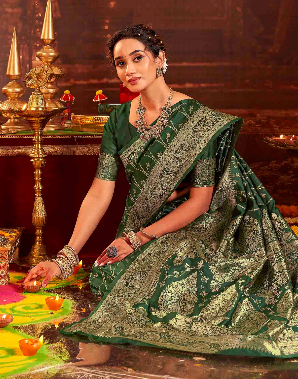 Dark Green Silk Woven Banarasi Saree