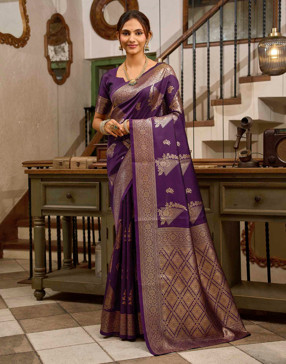 Wine Silk Woven Banarasi Saree