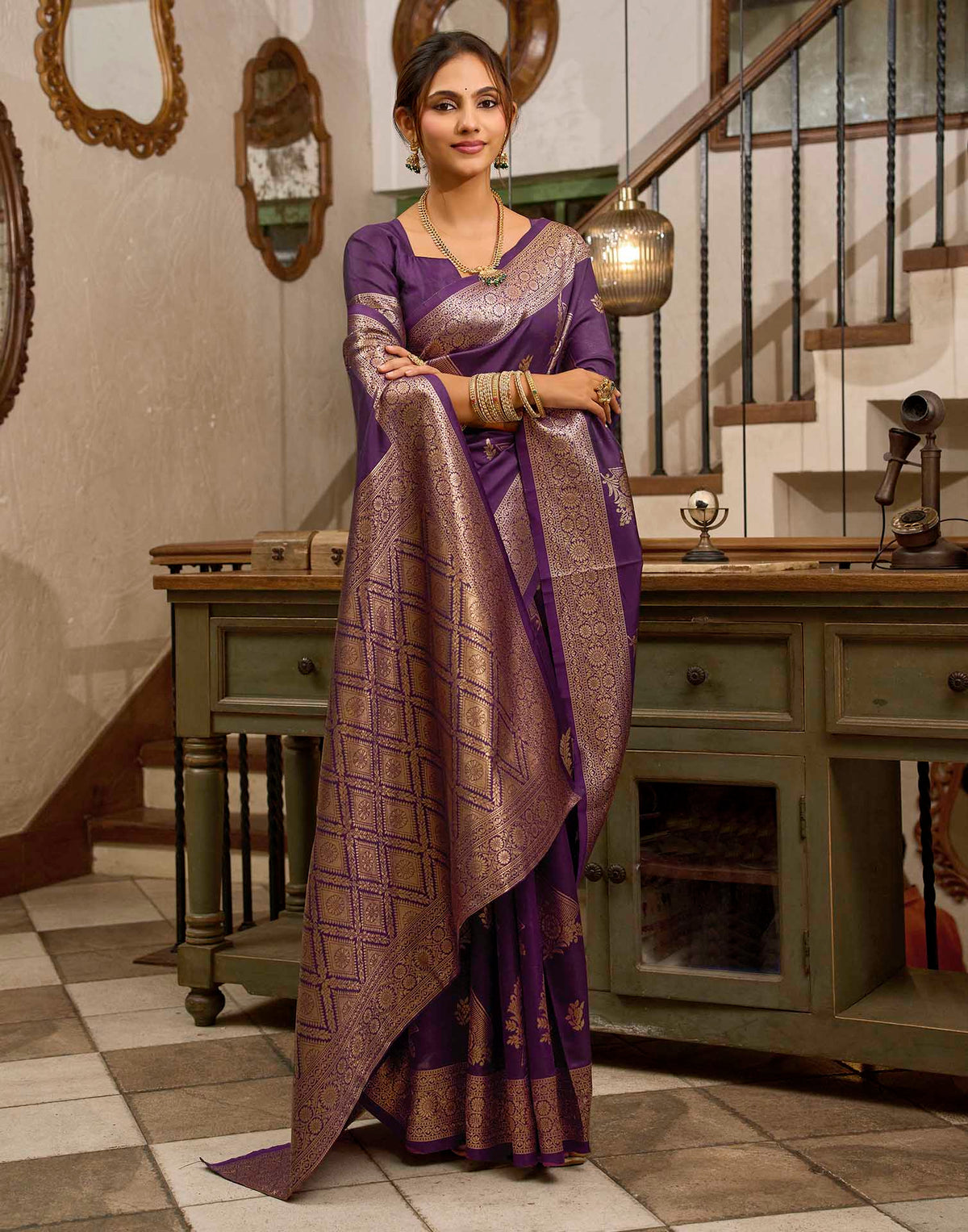 Wine Silk Woven Banarasi Saree
