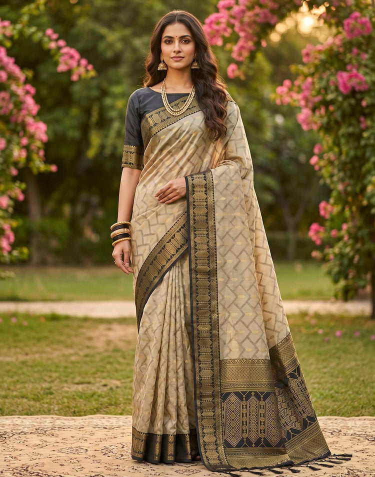 Beige Linen Cotton Woven Saree