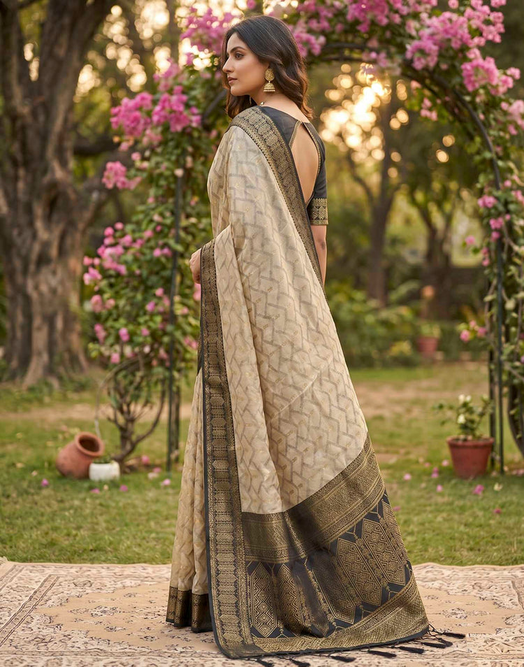 Beige Linen Cotton Woven Saree