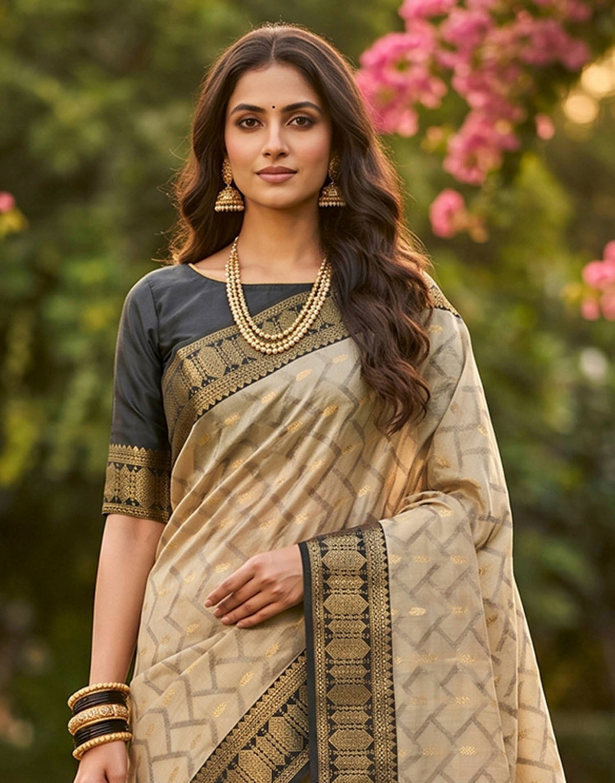 Beige Linen Cotton Woven Saree
