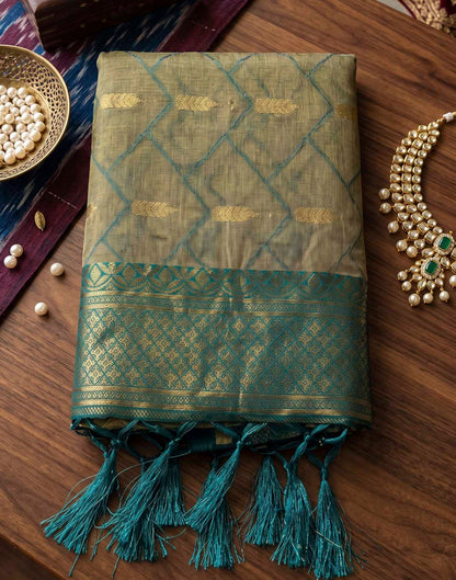Beige Linen Cotton Woven Saree
