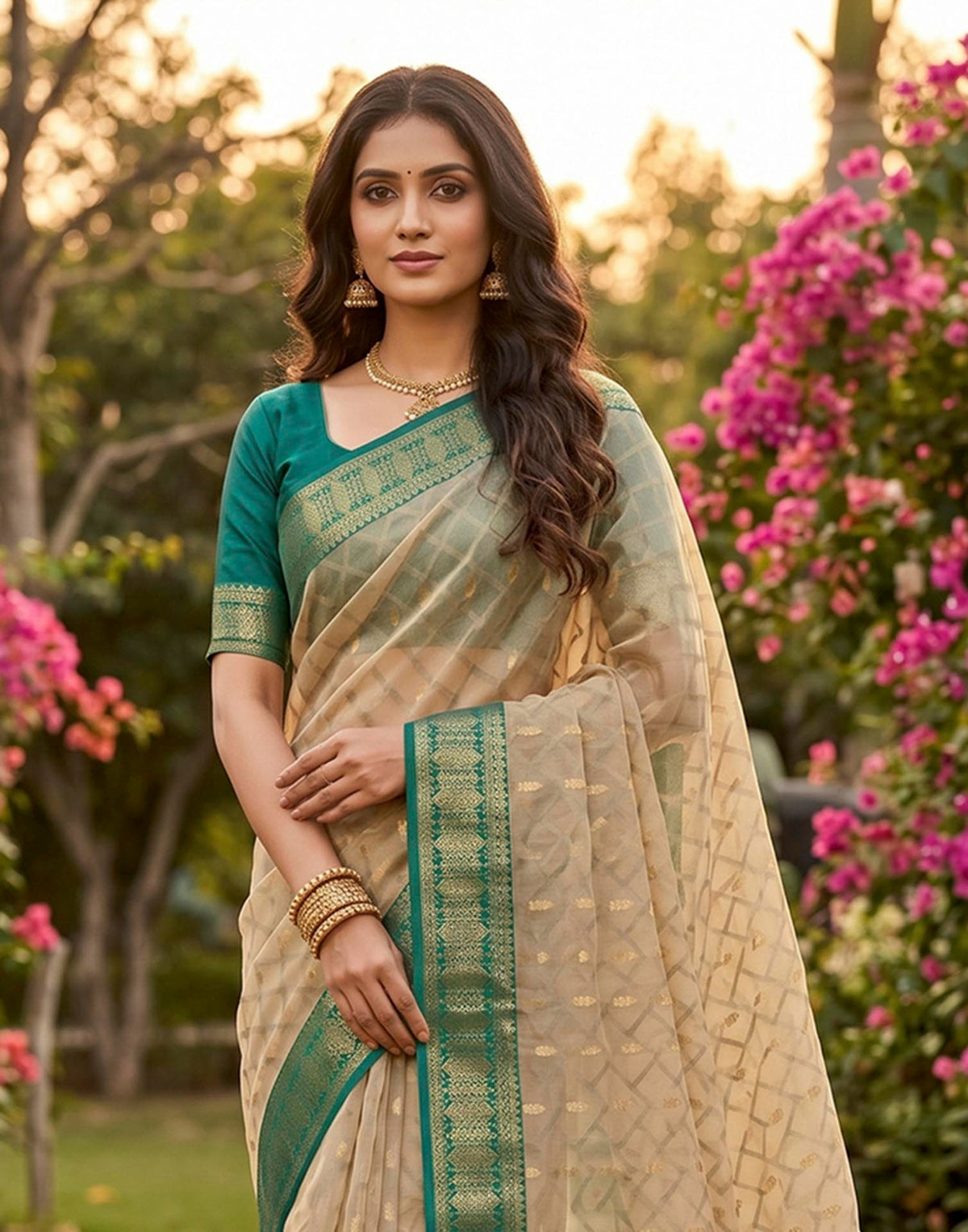 Beige Linen Cotton Woven Saree
