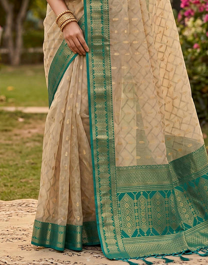 Beige Linen Cotton Woven Saree