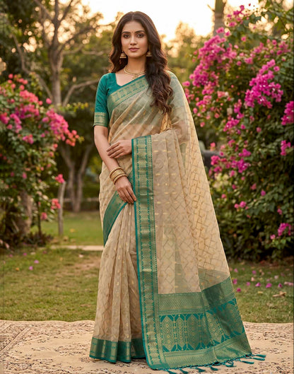 Beige Linen Cotton Woven Saree