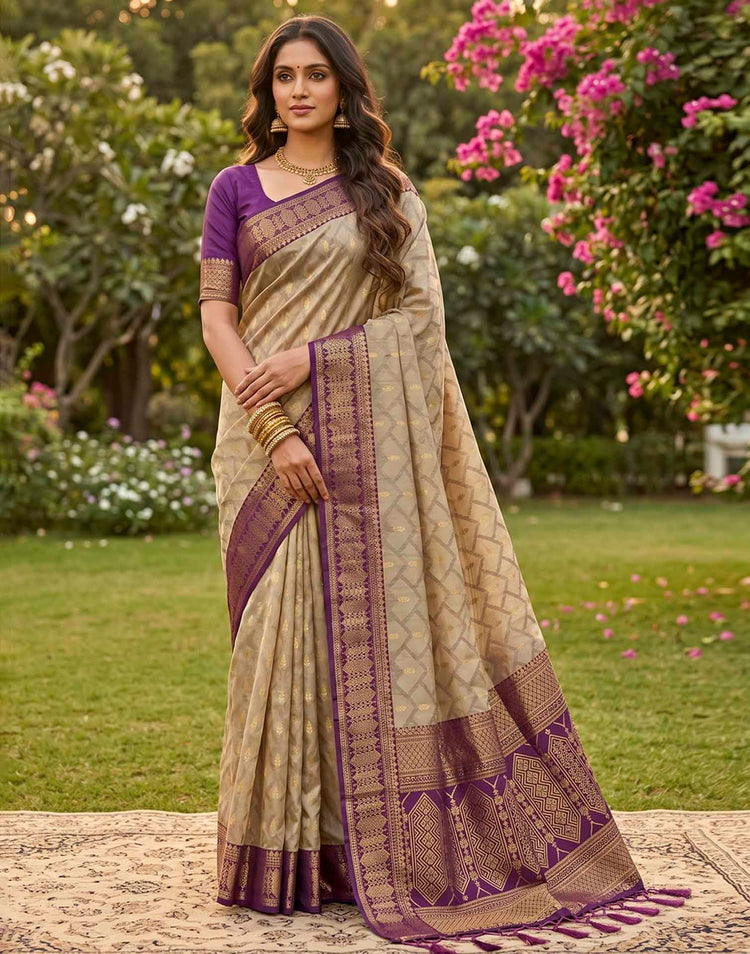 Beige Linen Cotton Woven Saree