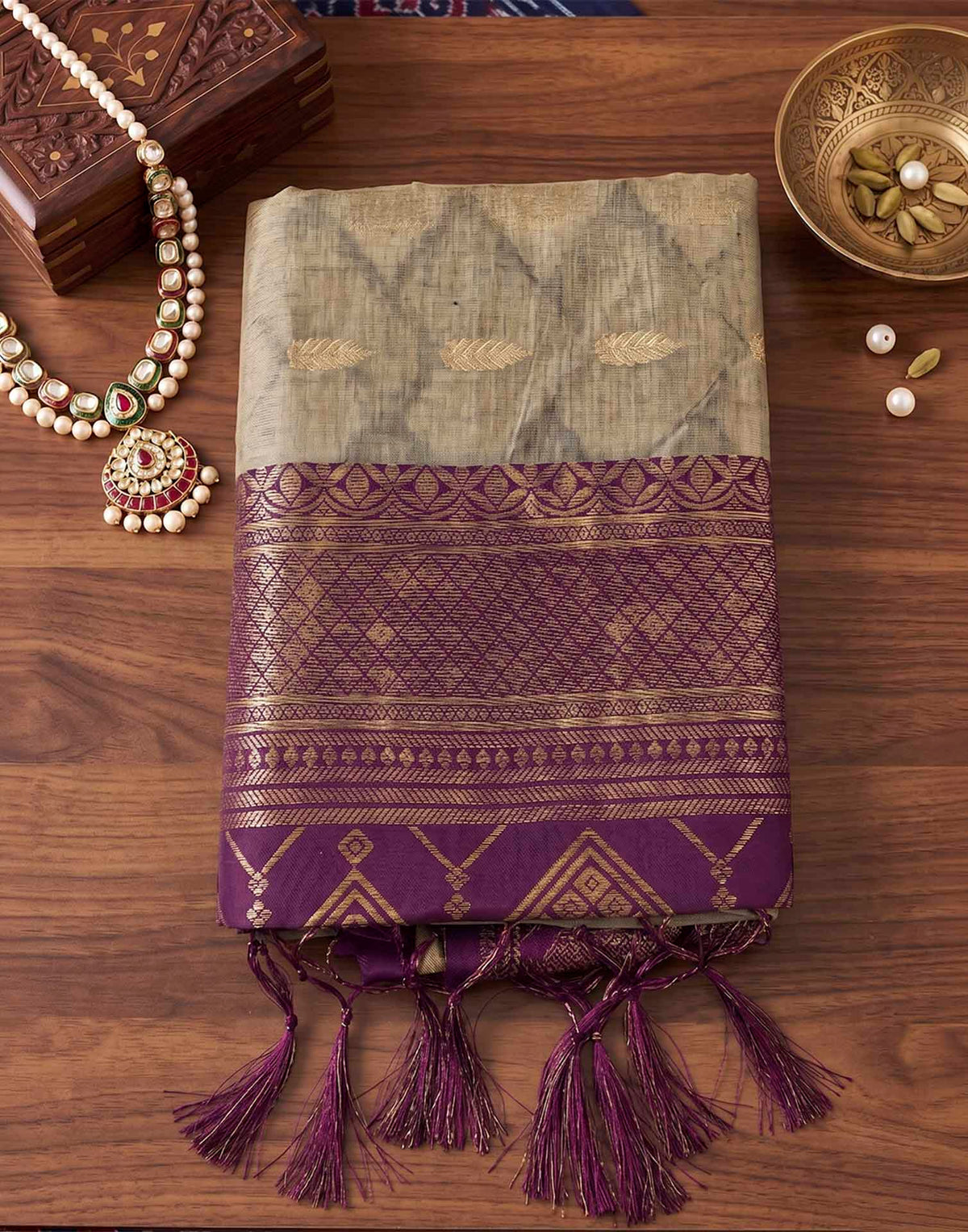 Beige Linen Cotton Woven Saree