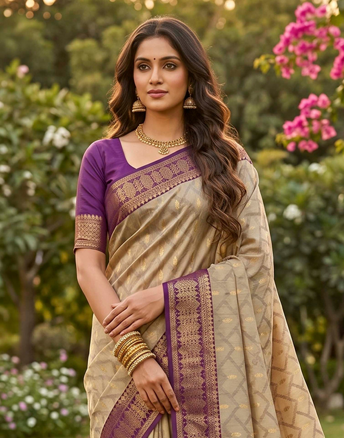 Beige Linen Cotton Woven Saree