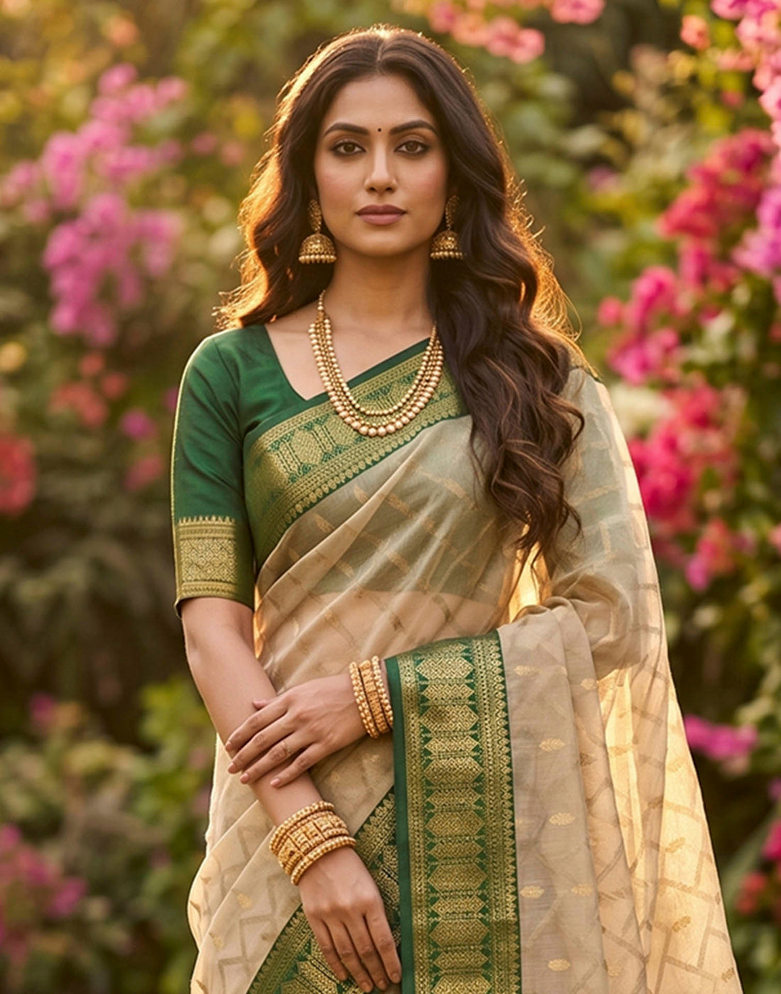 Beige Linen Cotton Woven Saree