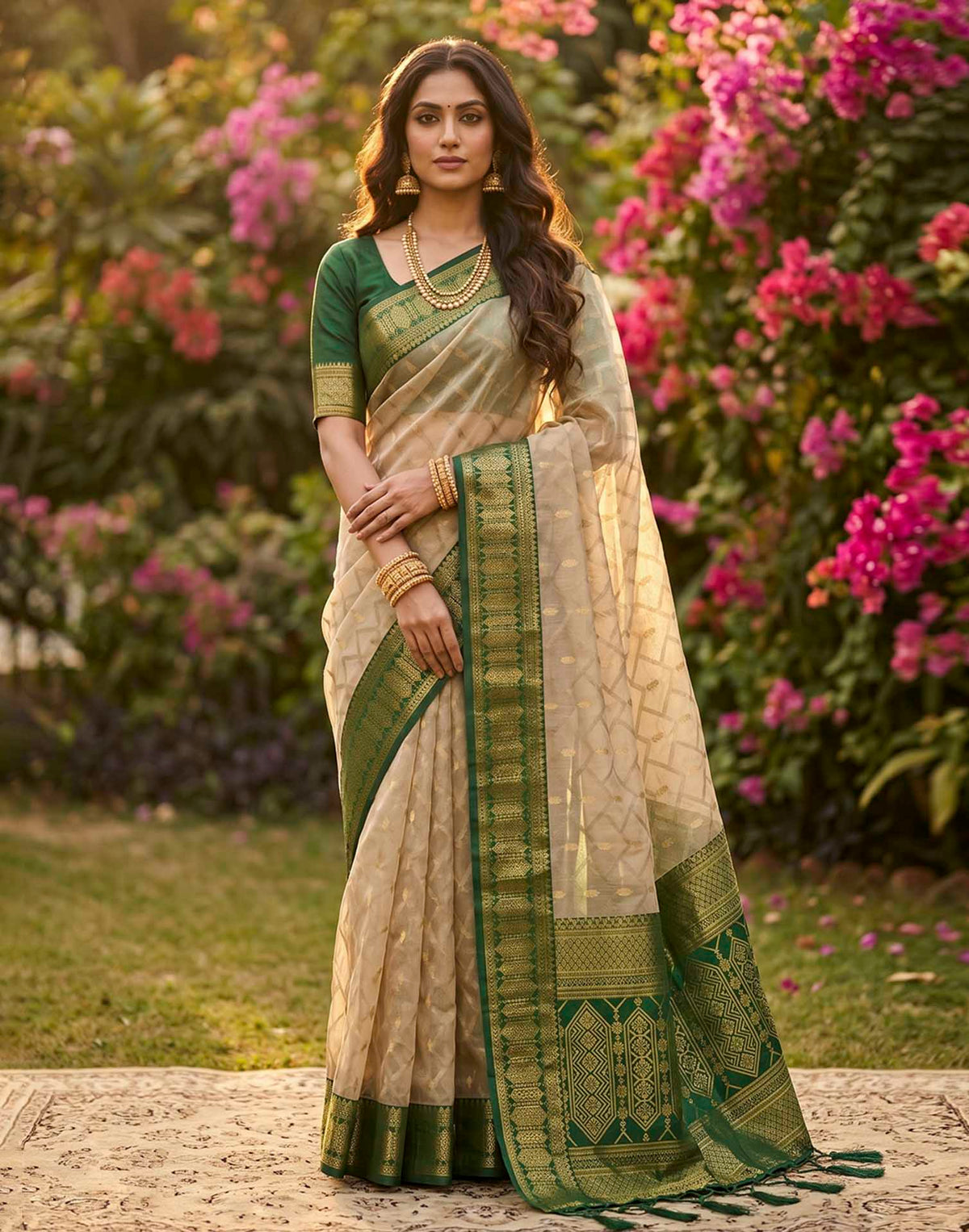 Beige Linen Cotton Woven Saree