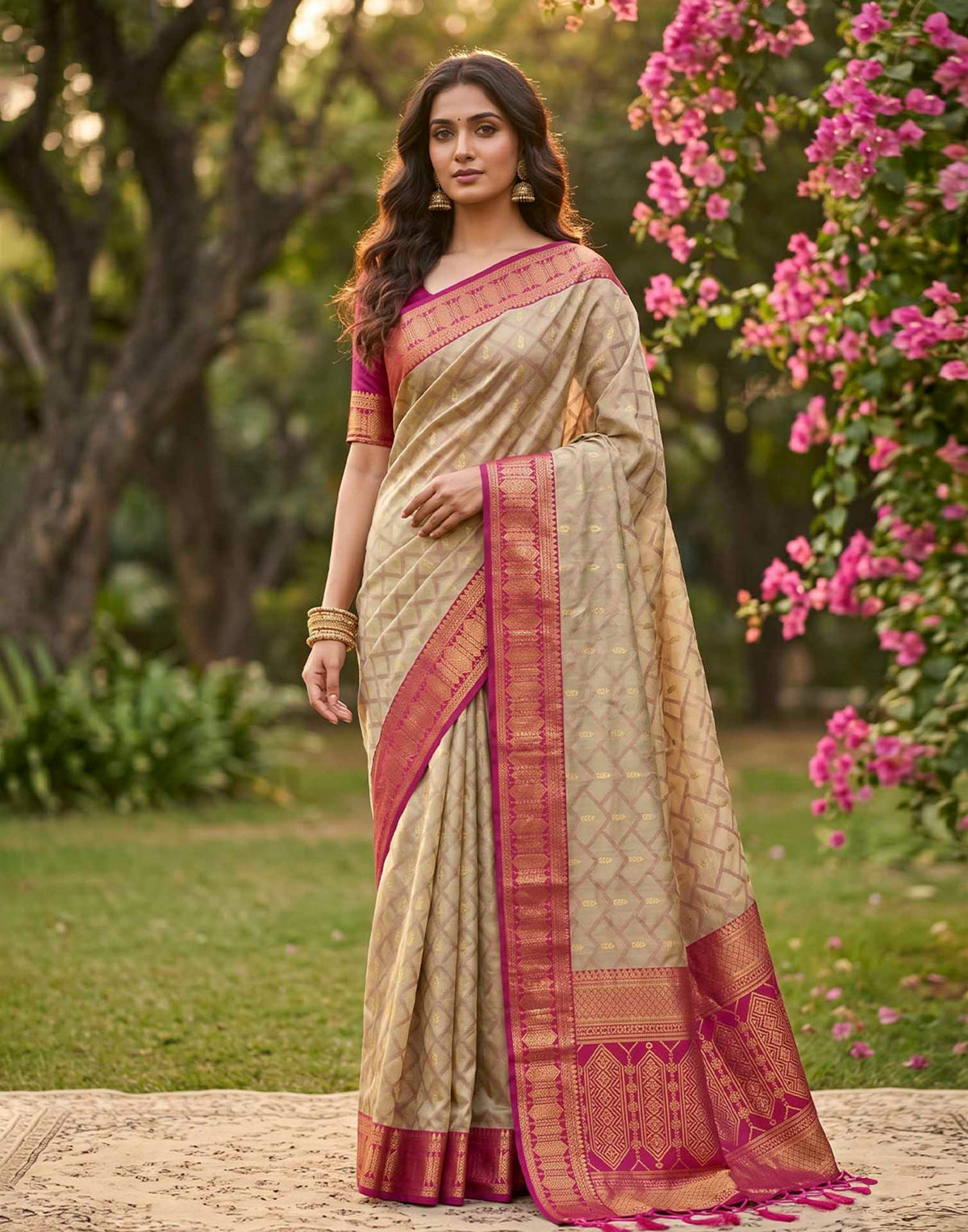 Beige Linen Cotton Woven Saree