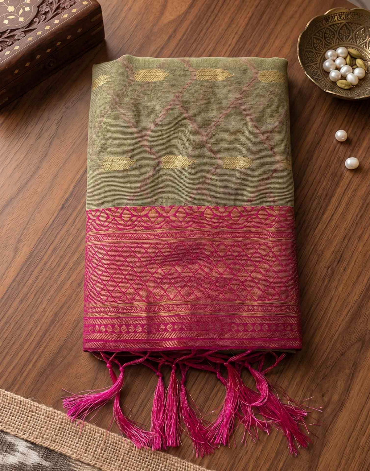Beige Linen Cotton Woven Saree