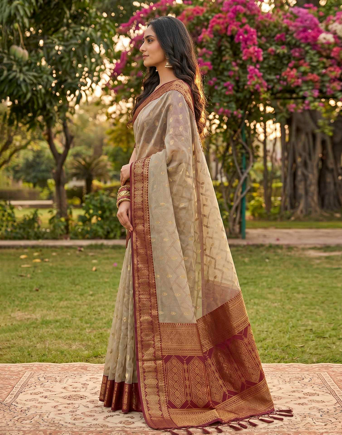 Beige Linen Cotton Woven Saree