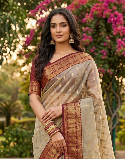 Beige Linen Cotton Woven Saree