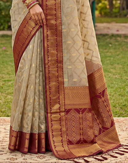 Beige Linen Cotton Woven Saree