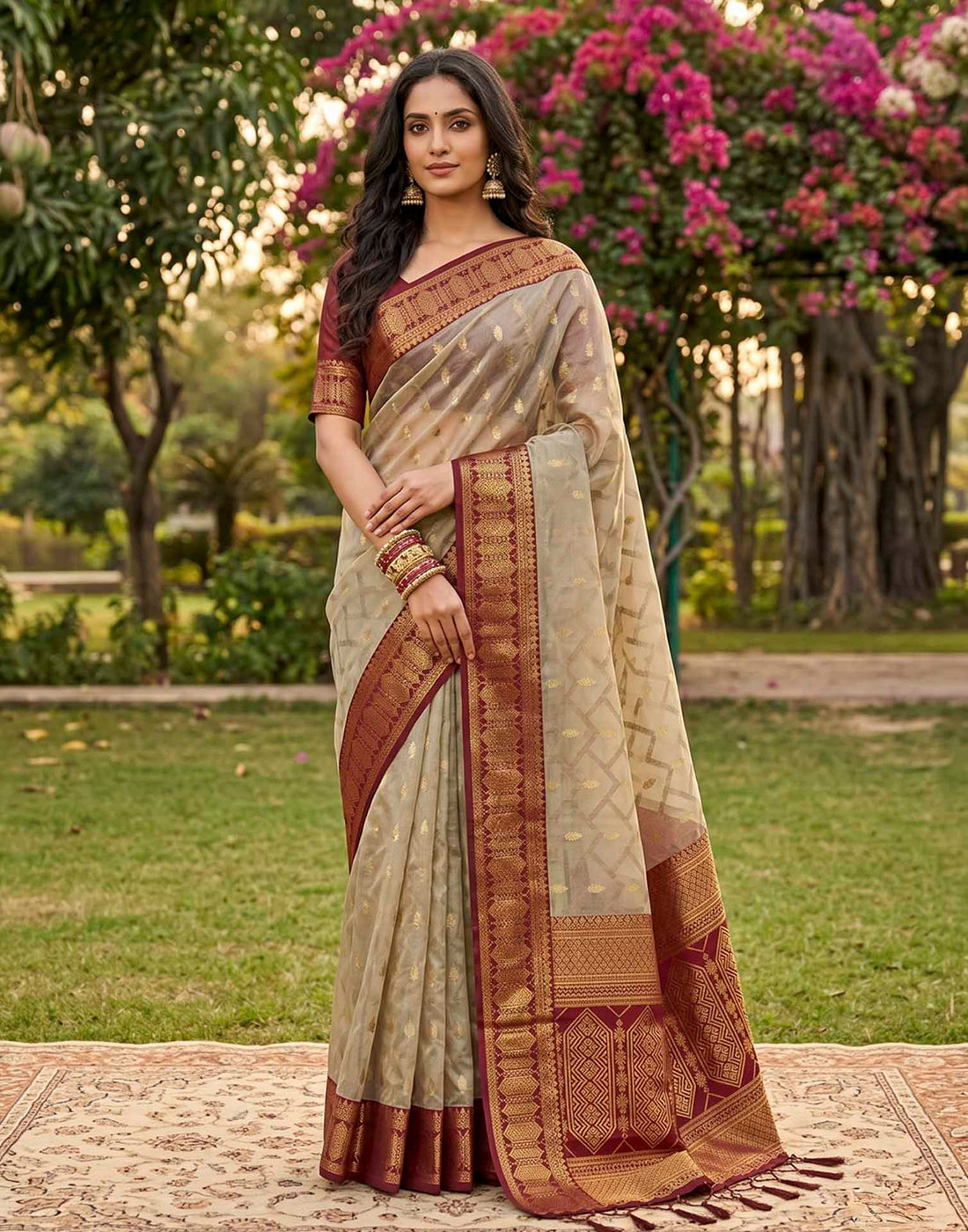 Beige Linen Cotton Woven Saree