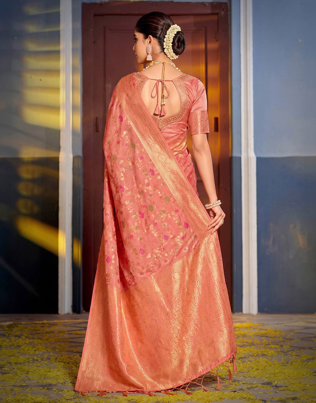 Peach Pink Silk Woven Banarasi Saree