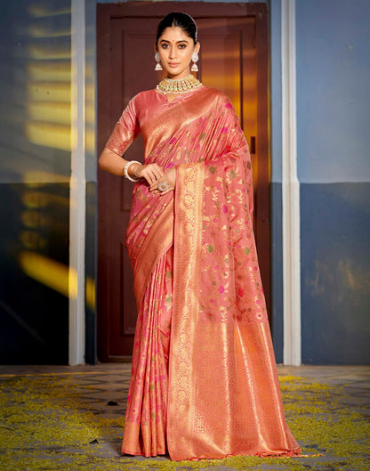 Peach Pink Silk Woven Banarasi Saree