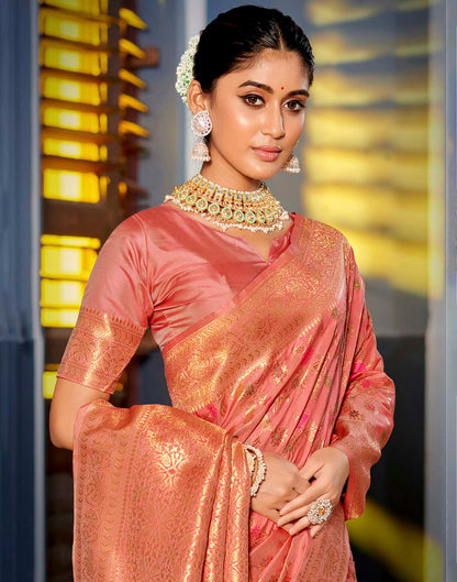 Peach Pink Silk Woven Banarasi Saree