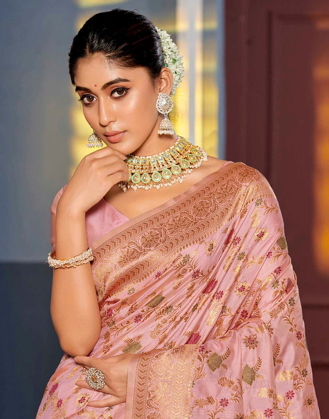 Baby Pink Silk Woven Banarasi Saree