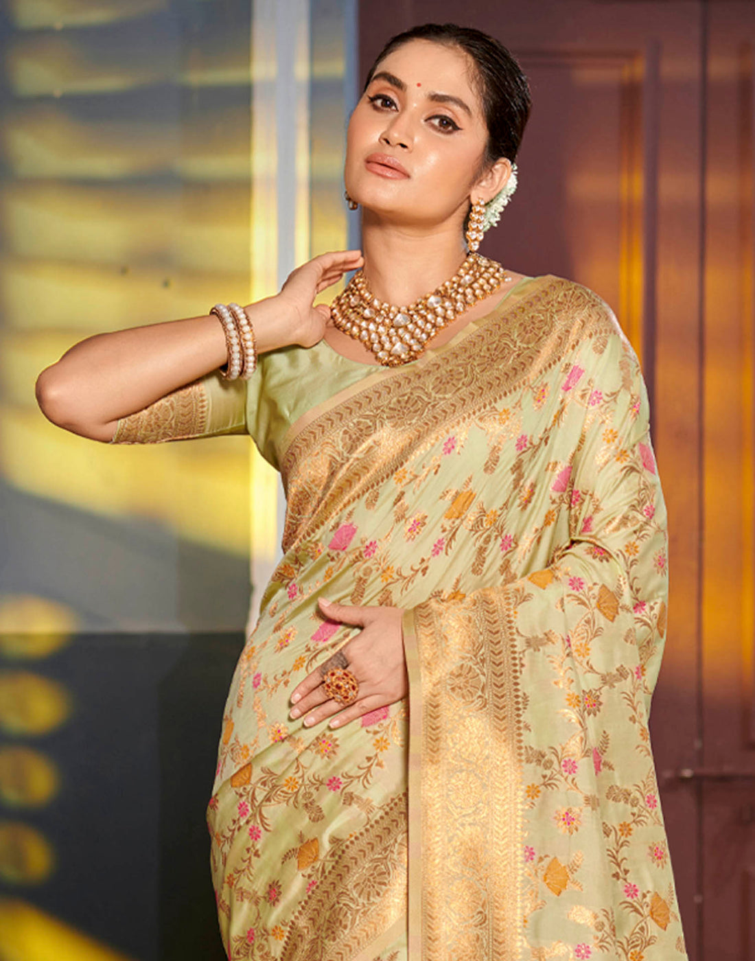 Pista Green Silk Woven Banarasi Saree