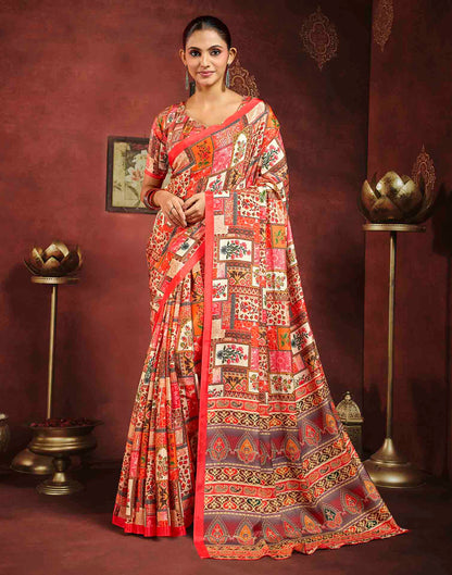 Coral Red Viscose Silk Printed Ajrakh Saree