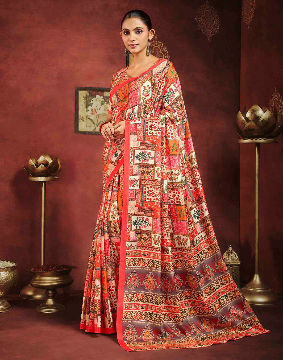 Coral Red Viscose Silk Printed Ajrakh Saree